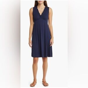 Loveappella Ruffle Neck Empire Waist Dress In Navy Size Medium NWOT